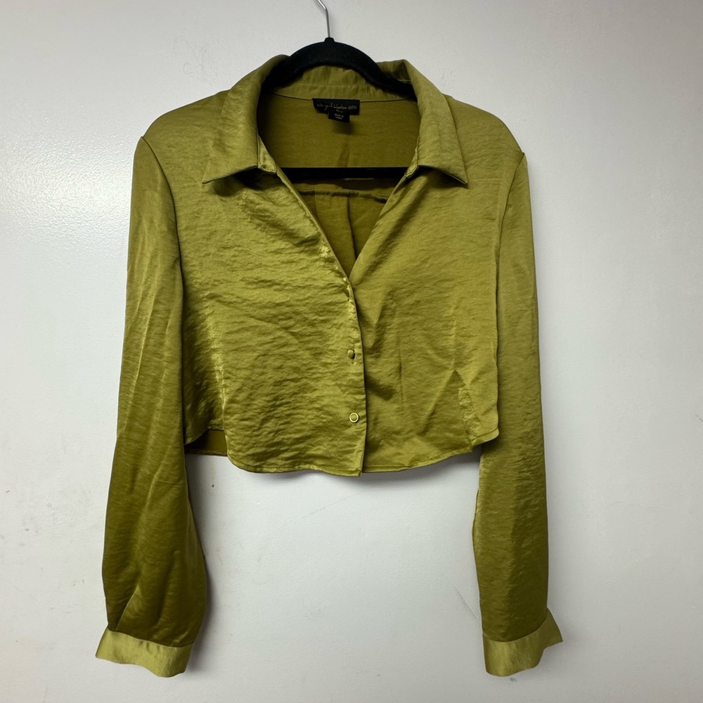 House of Harlow 1960 Cropped Satin Blouse Green Button Long Sleeve Medium N - Picture 5 of 11